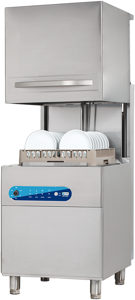 Lavaro DW-1000 passthrough dishwasher with the hood raised and a rack of plates