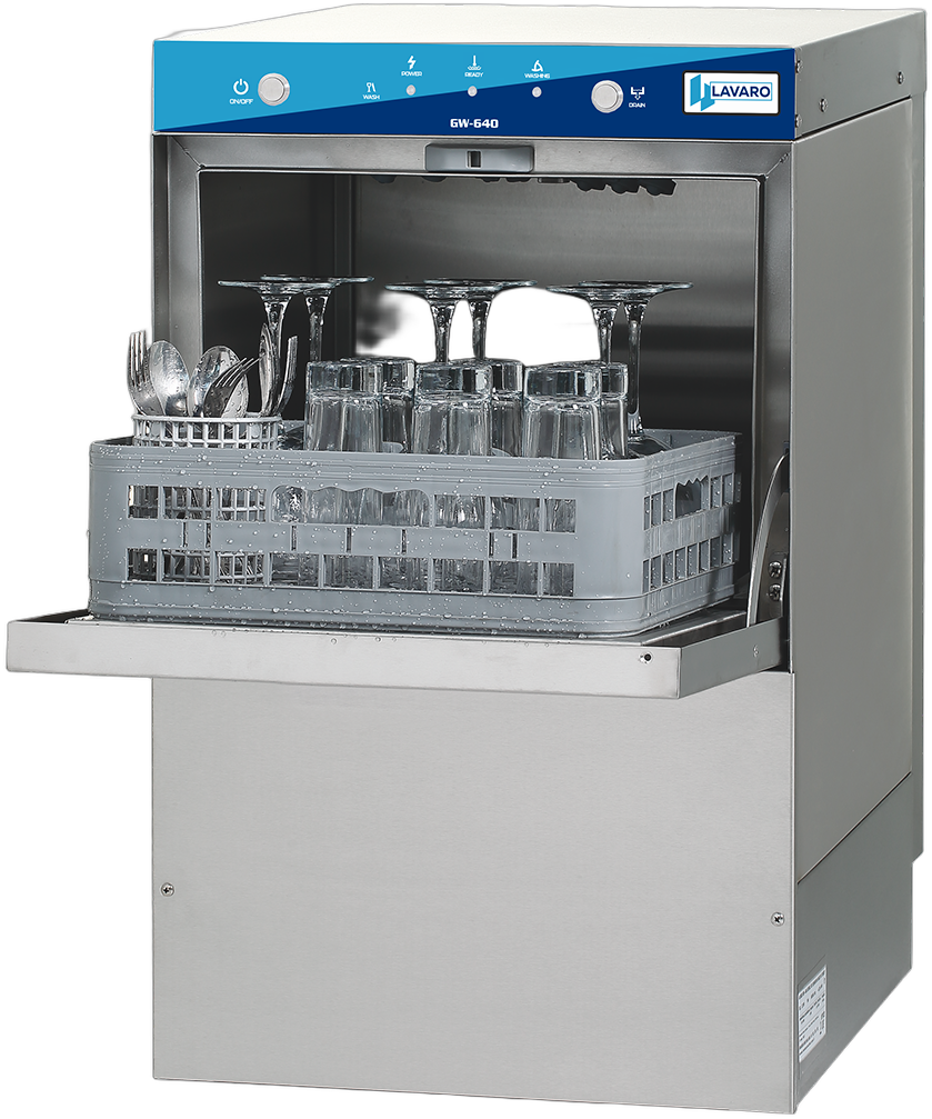 Lavaro GW-640 undercounter glasswashers, one with the door open and a rack of glasses